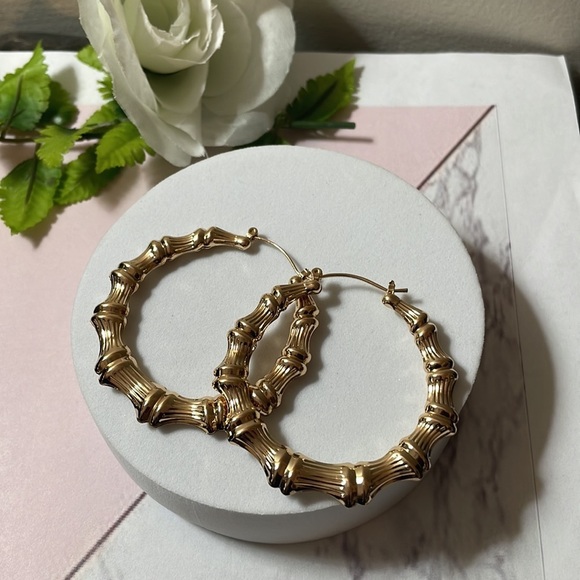 Gold Exaggerated Bamboo Hoop Earrings - Picture 7 of 10